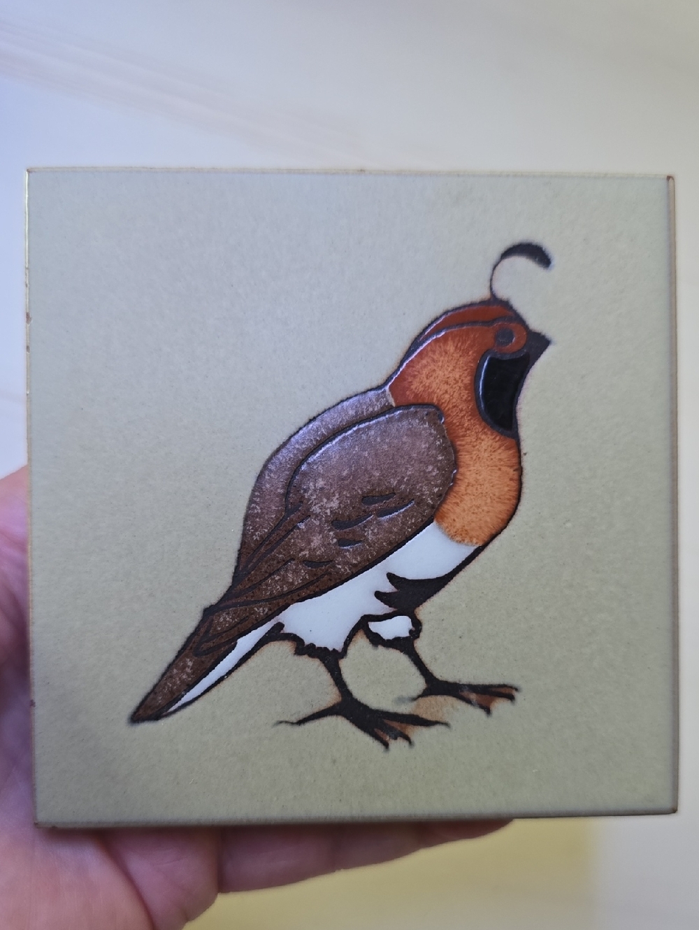 Ceramic Bird Quail Art Tile in Brown and Tan, Artist Cleo Teissedre